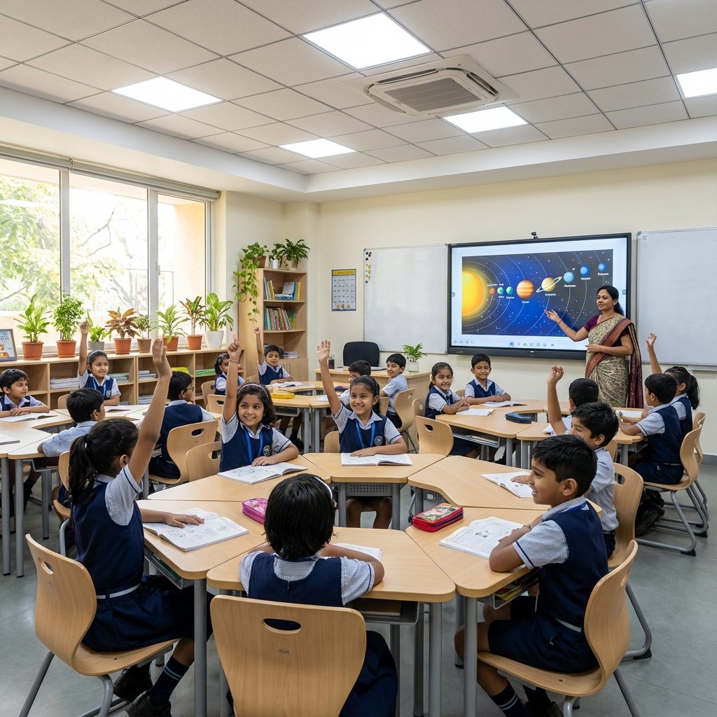 Primary students in modern smart classroom with digital learning